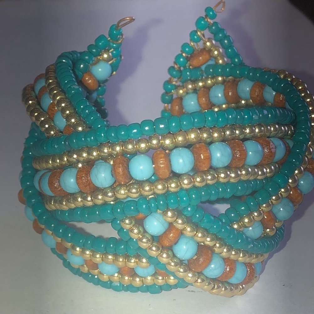 Teal & Tan Wooden Seed Bead Beaded Criss Cross Boho Cuff Bracelet - Picture 3 of 7